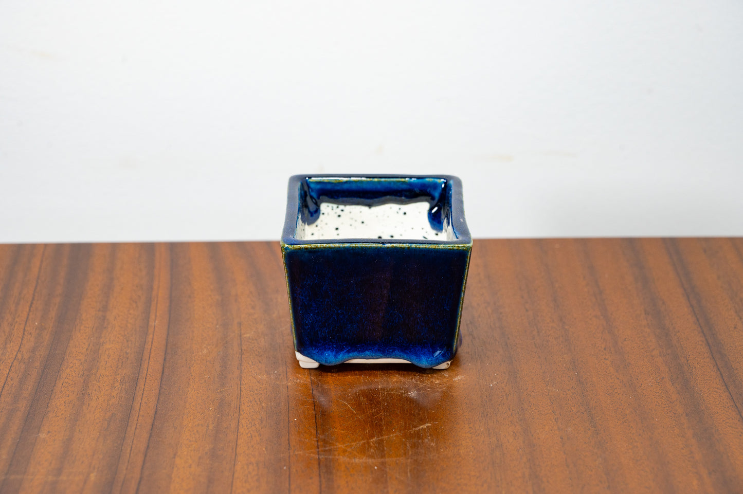 Dark Blue Opal White Stoneware Cascade Bonsai Cube Pot 7cm