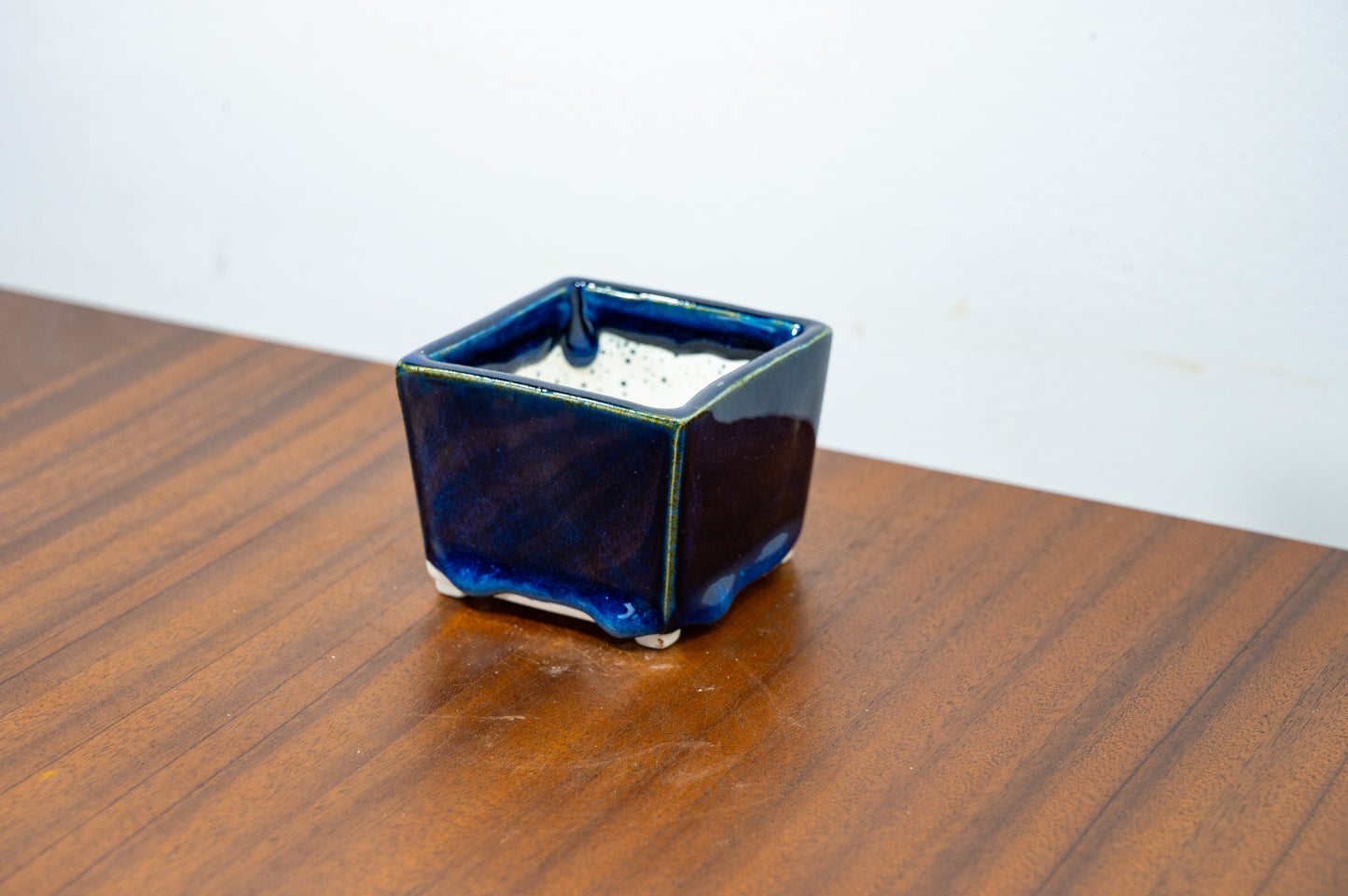 Dark Blue Opal White Stoneware Cascade Bonsai Cube Pot 7cm