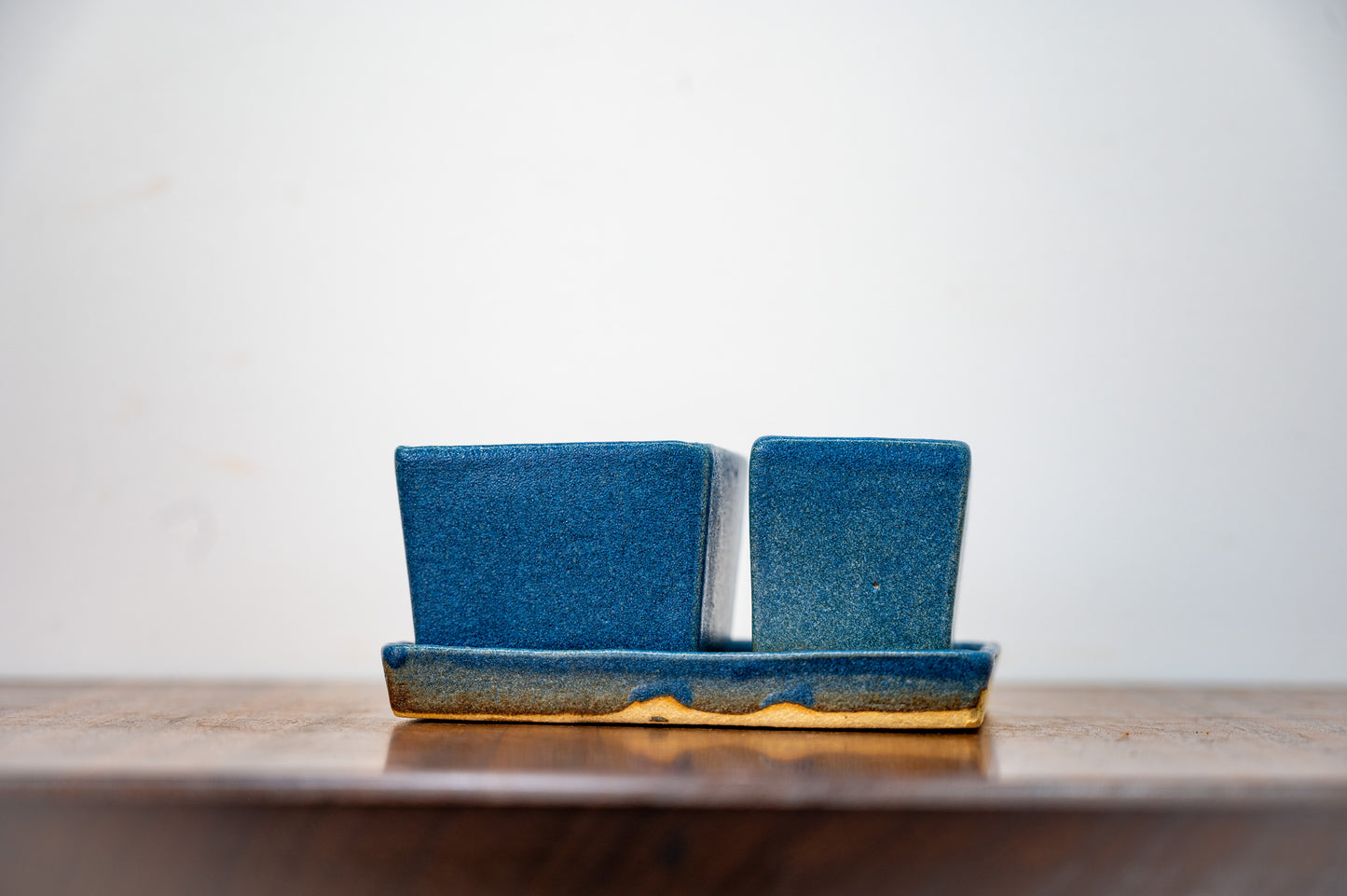 Matt Blue 'Mame'  Cube Pot  3 piece Set