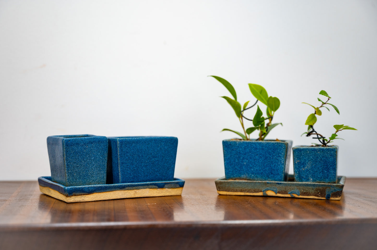 Matt Blue 'Mame'  Cube Pot  3 piece Set