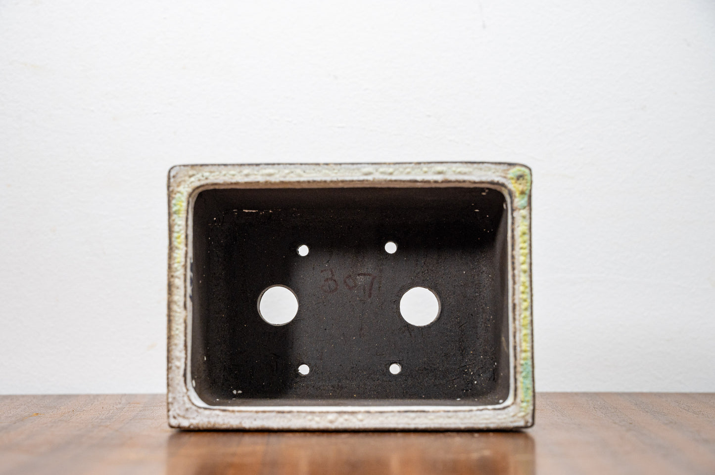 Textured Light Green - Black Clay - Chunky Deep Rectangular Ceramic Bonsai Dish 13cm