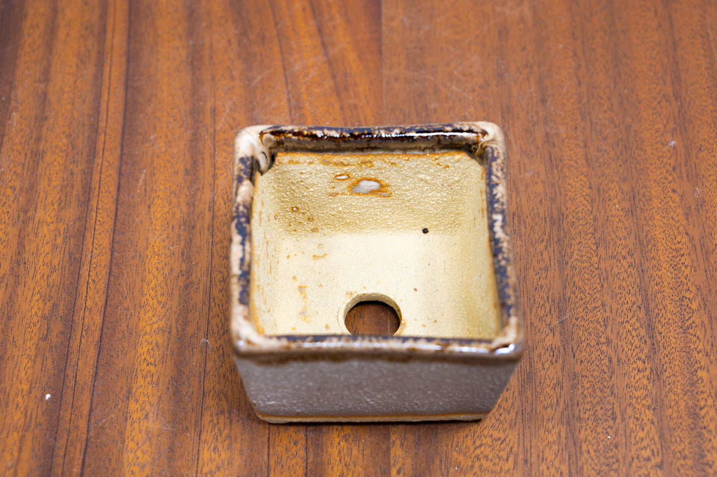 Oatmeal / Brown Drizzle Cascade Cube Ceramic Bonsai Pot 6.5cm