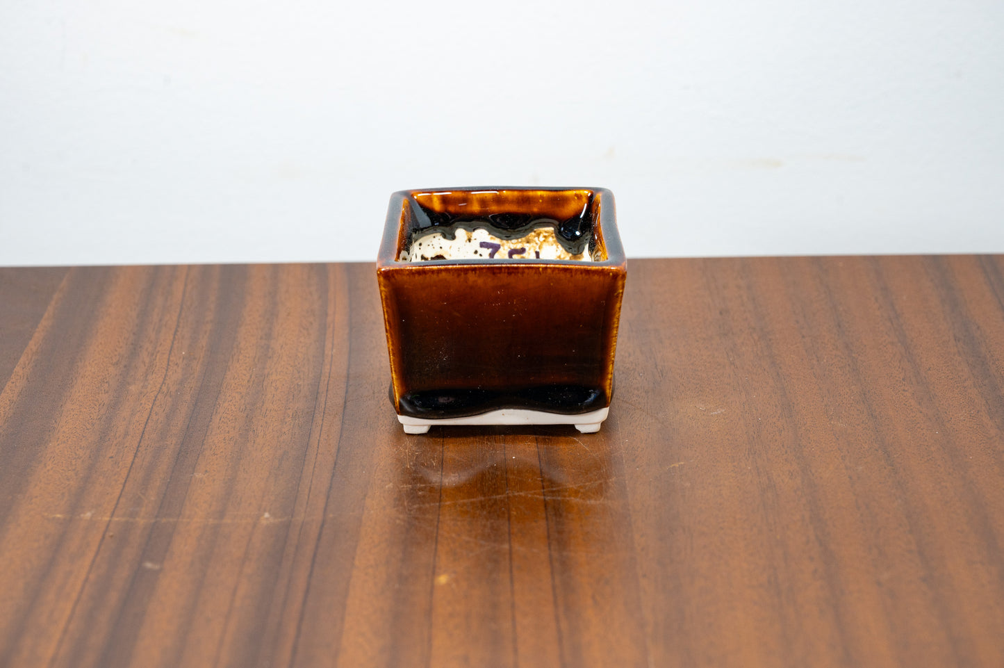 Dark Brown White Stoneware Cascade Bonsai Cube Pot 7cm