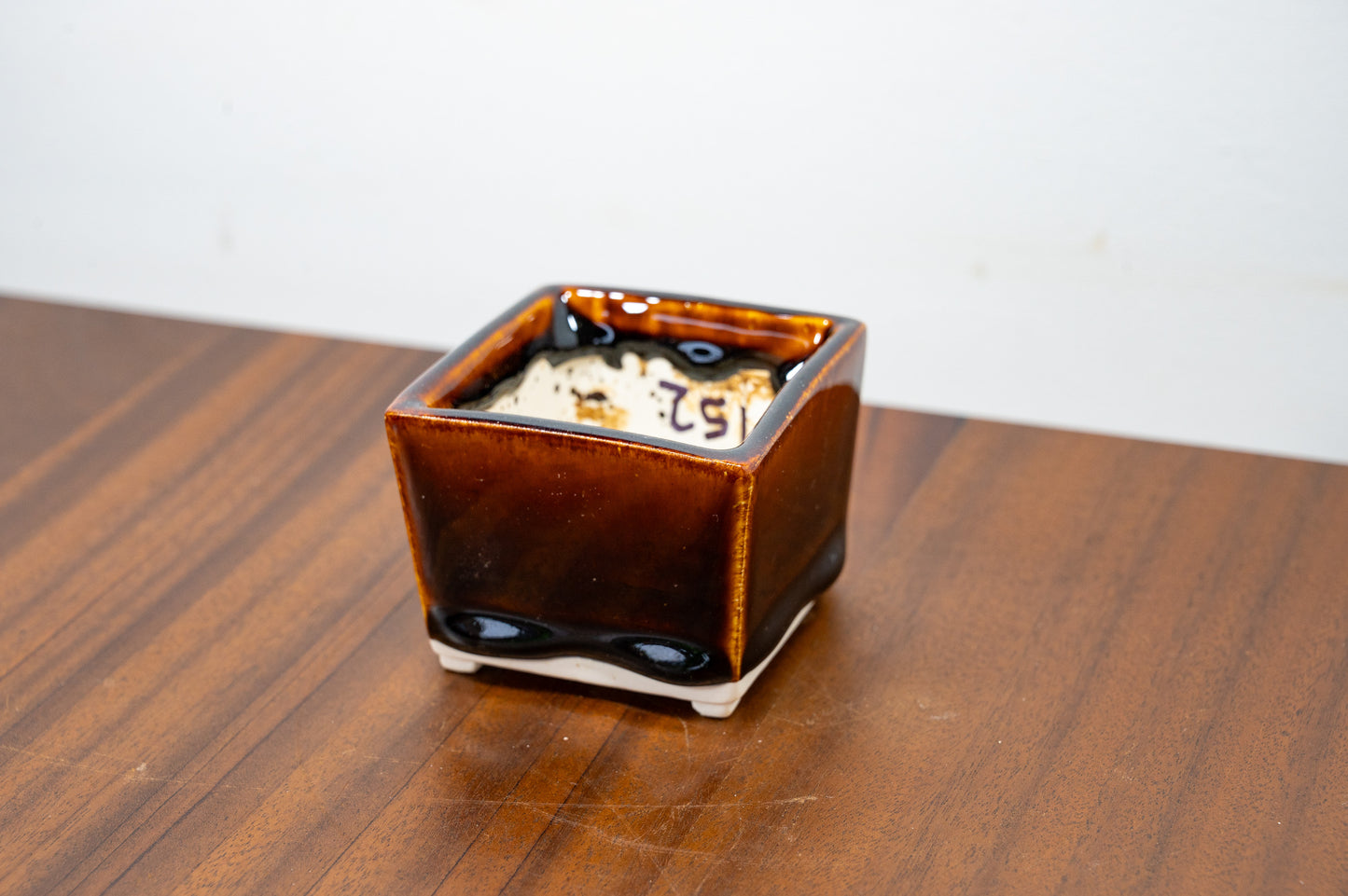 Dark Brown White Stoneware Cascade Bonsai Cube Pot 7cm