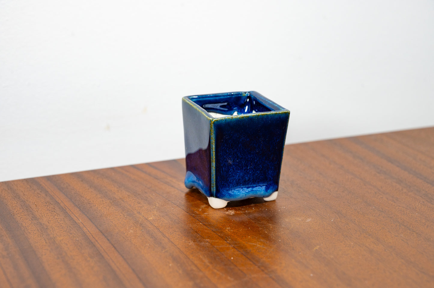 Dark Blue Opal White Stoneware Bonsai Cube Pot 5cm