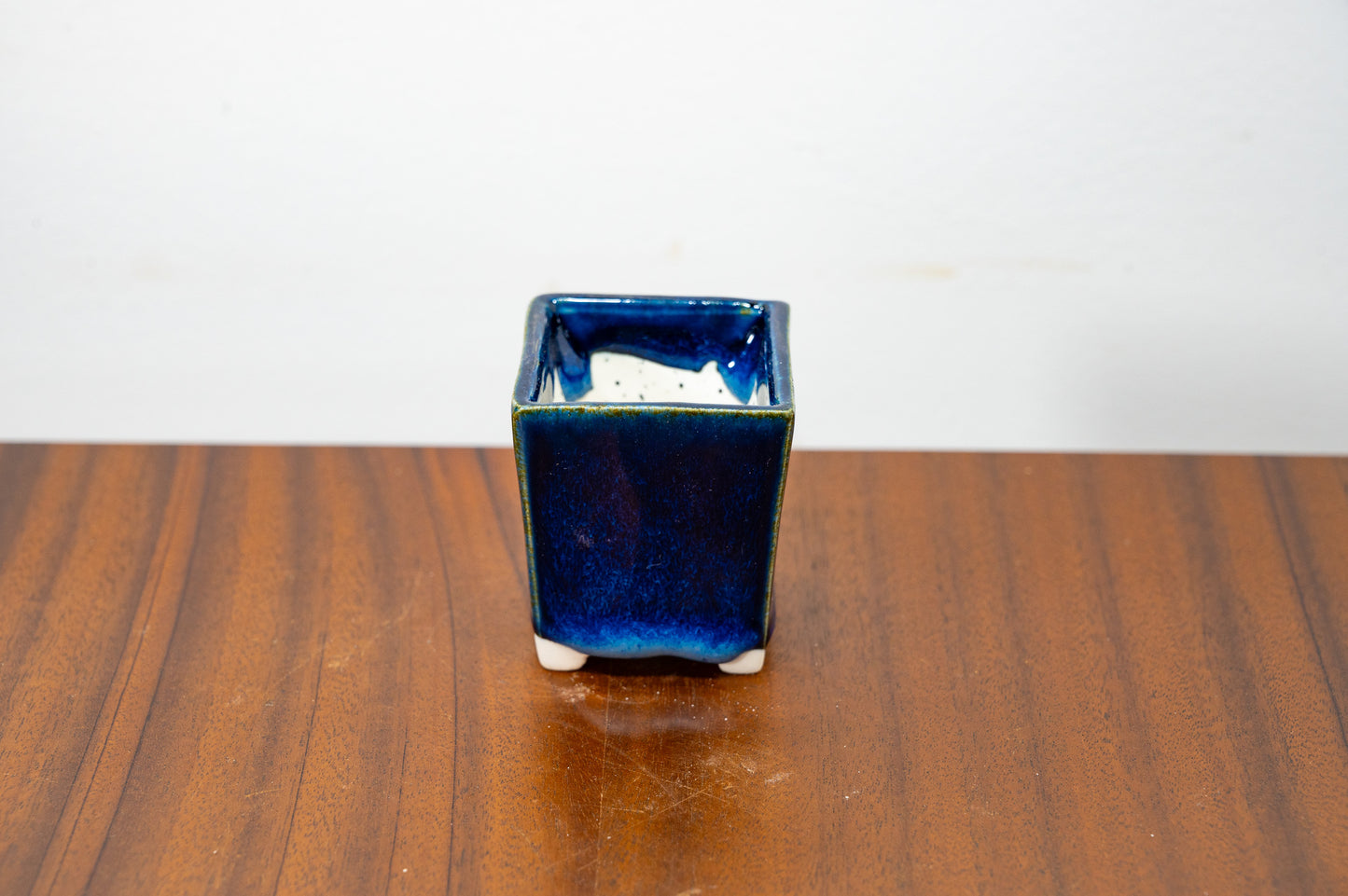 Dark Blue Opal White Stoneware Bonsai Cube Pot 5cm