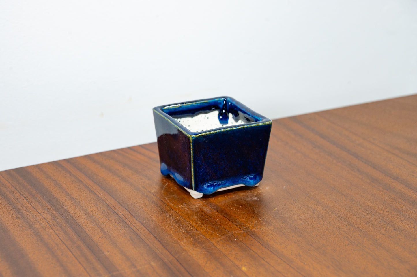Dark Blue Opal White Stoneware Cascade Bonsai Cube Pot 7cm