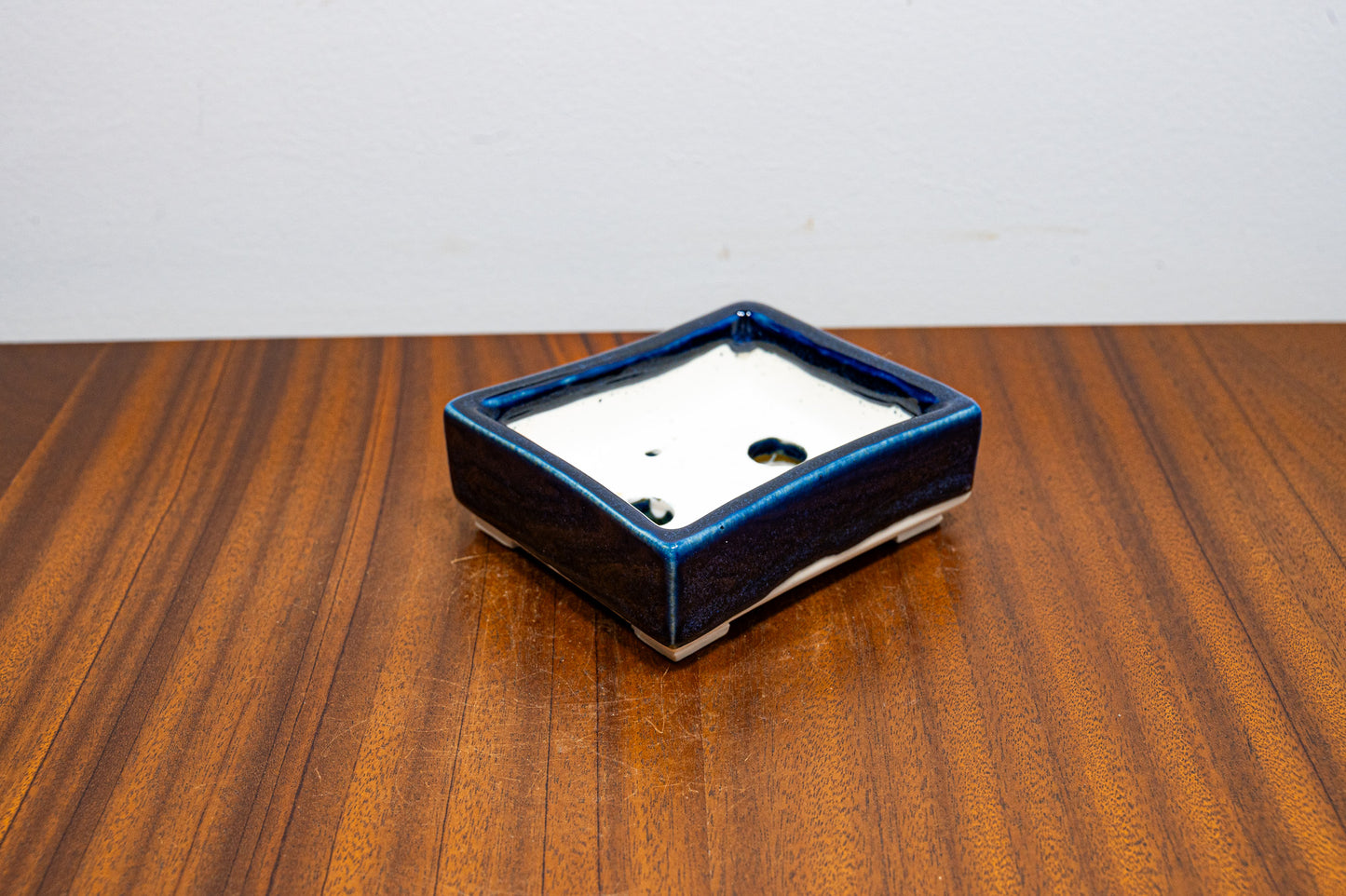 Dark Blue Opal Rectangular White Stoneware Bonsai Pot 10cm