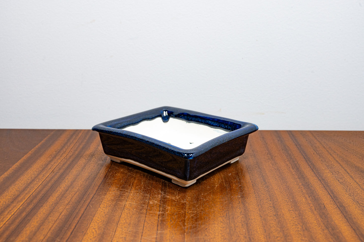 Dark Blue Opal Rectangular White Stoneware Bonsai Pot 14cm