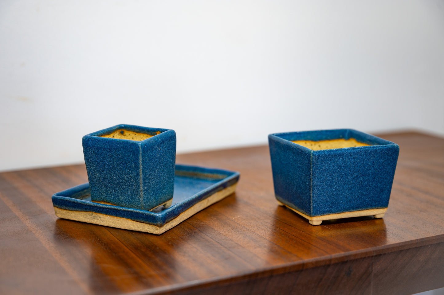 Matt Blue 'Mame'  Cube Pot  3 piece Set