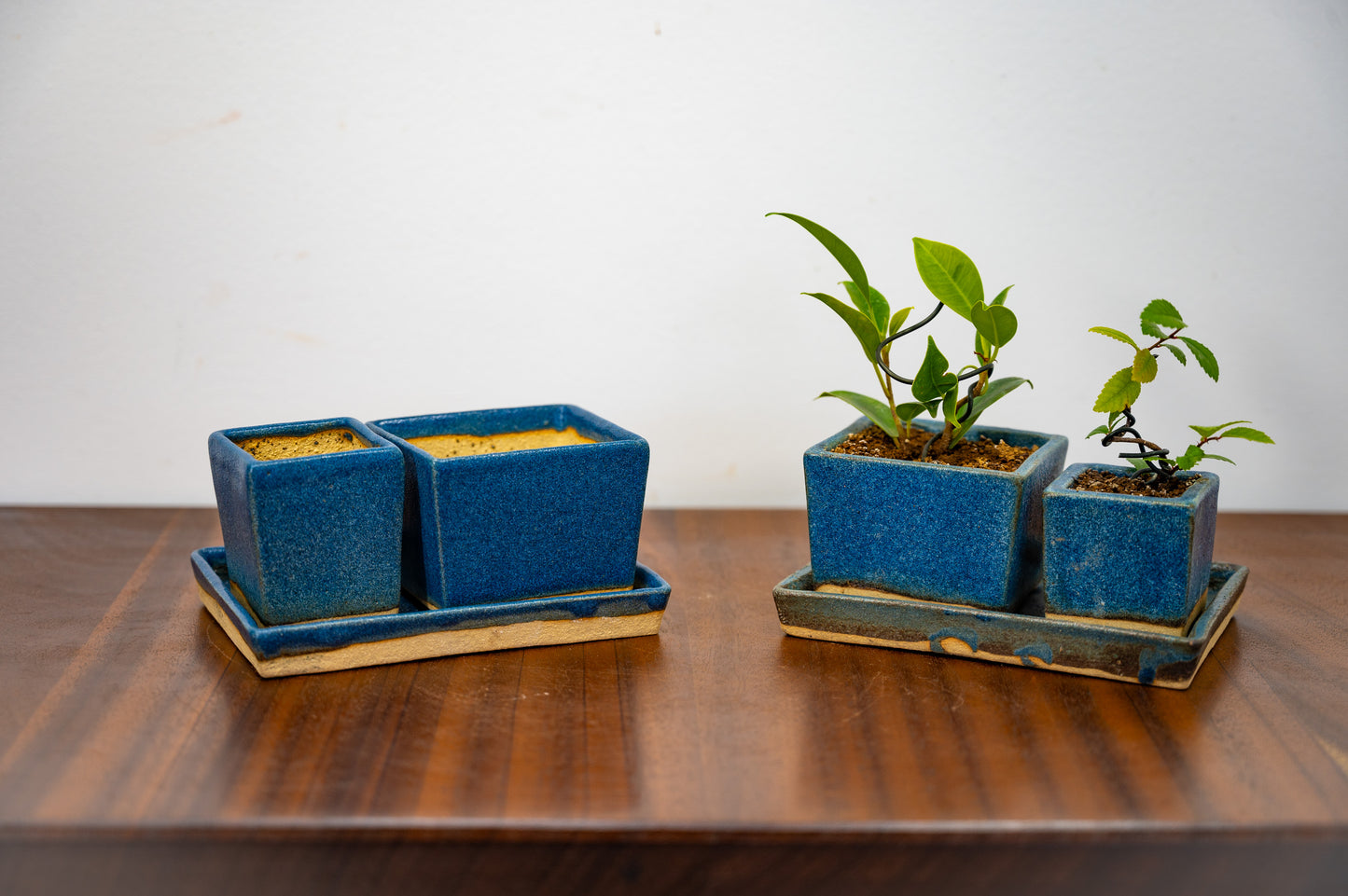 Matt Blue 'Mame'  Cube Pot  3 piece Set