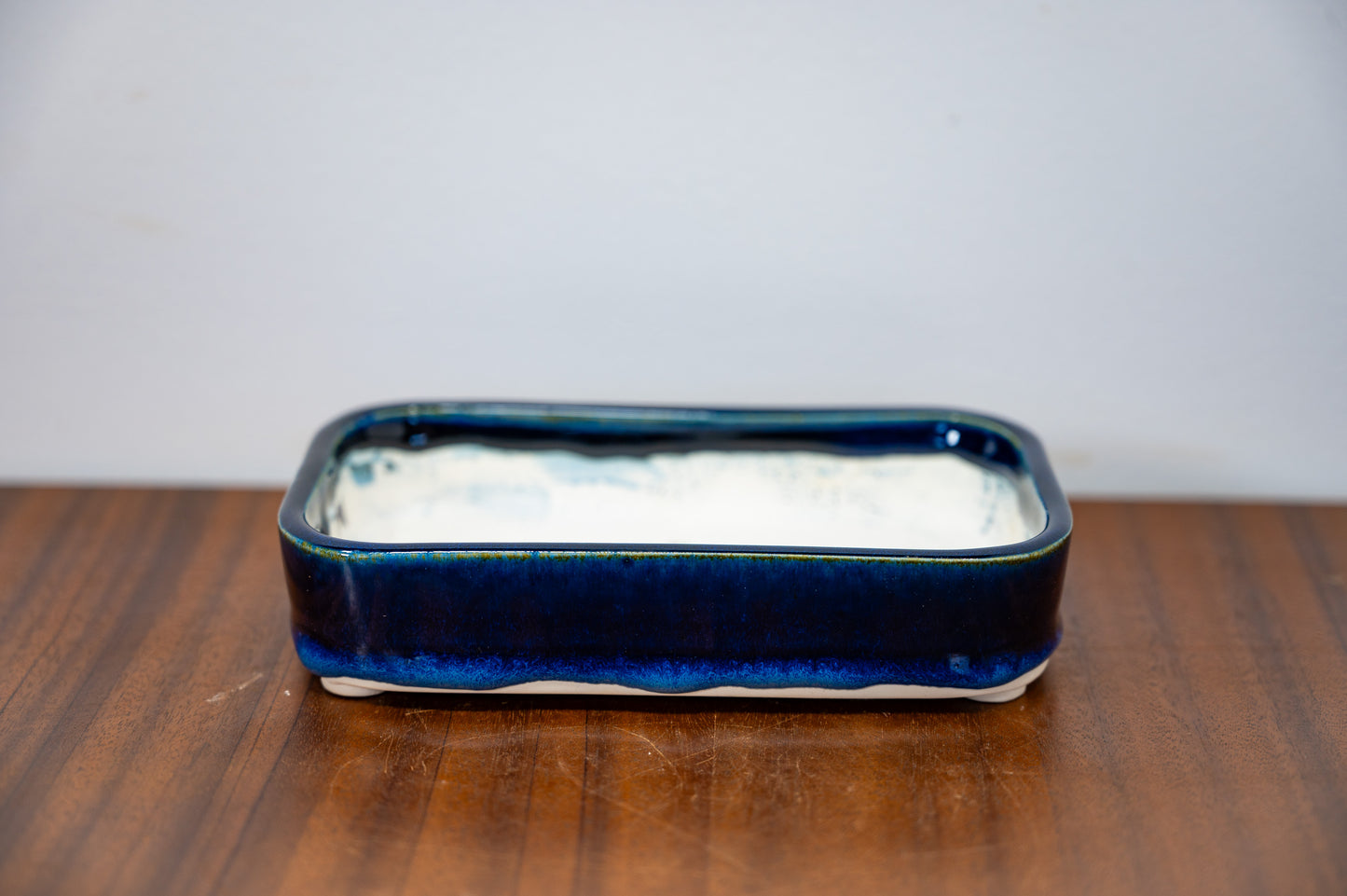 Dark Blue Opal Curved Rectangular White Stoneware Bonsai Pot 15cm