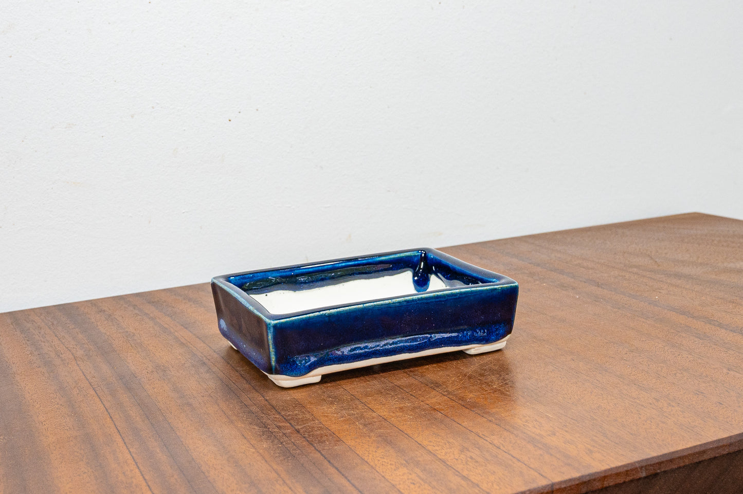 Dark Blue Opal Rectangular White Stoneware Bonsai Pot 11cm