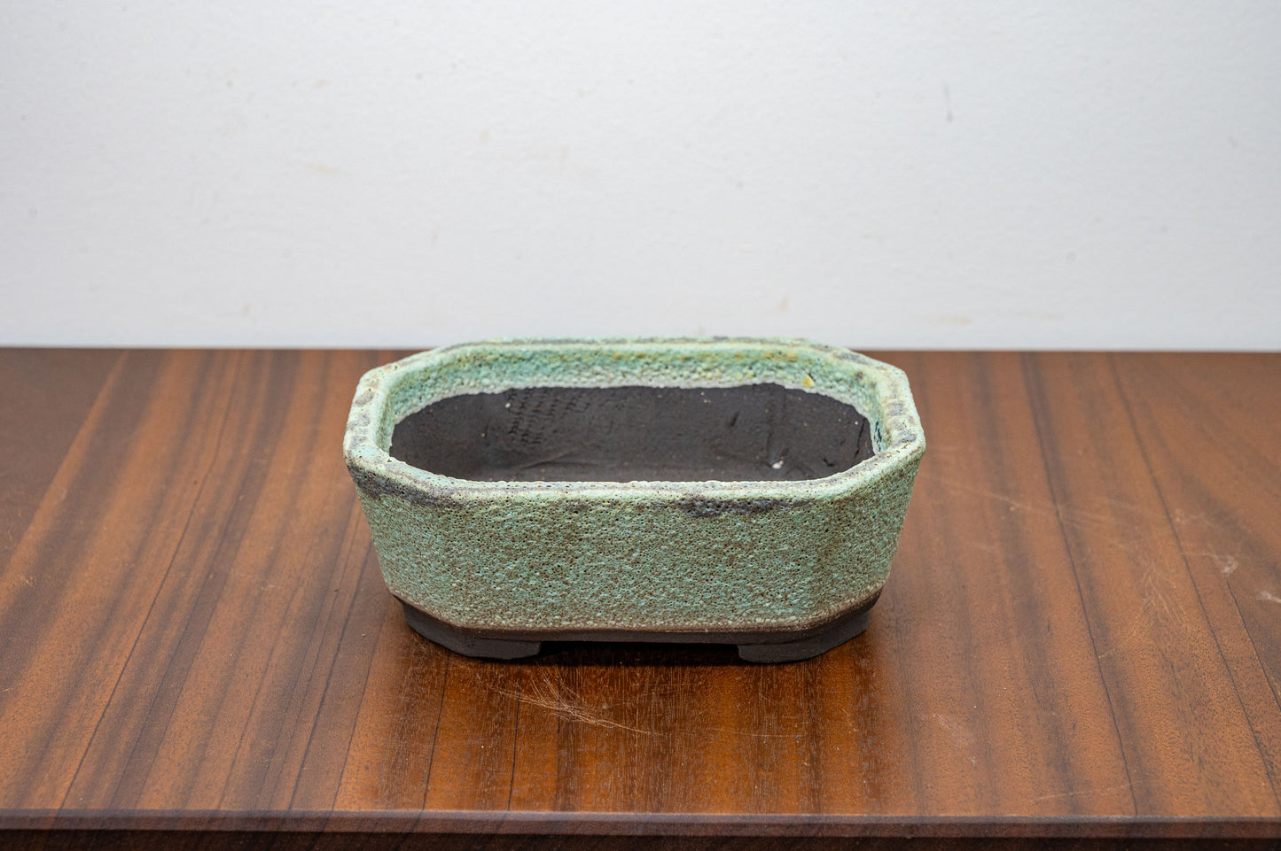 Textured Light Green - Black Clay - Deep Rectangular Ceramic Bonsai Dish 15cm